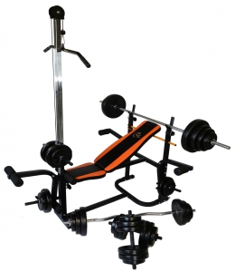 Лавка для жиму універсальна WCG 0020 з Тягою та партою Скотта + Набір штанга та гантелі на 148 кг